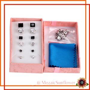 NEW STAINLESS STEEL SET OF 6 Black & White Faceted Princess Cut Stone Earrings